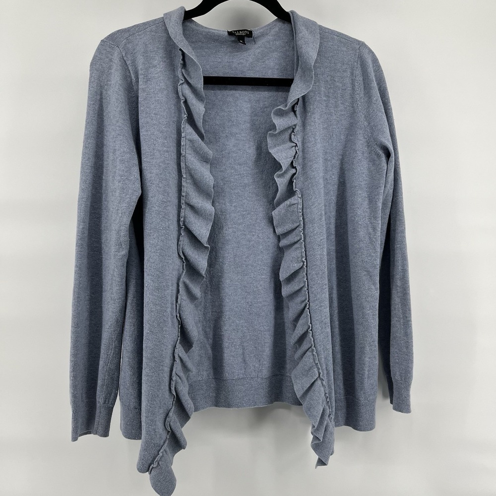 Talbots Women's Size Medium Wool Blend Blue Gray Ruffle Open Front Cardigan